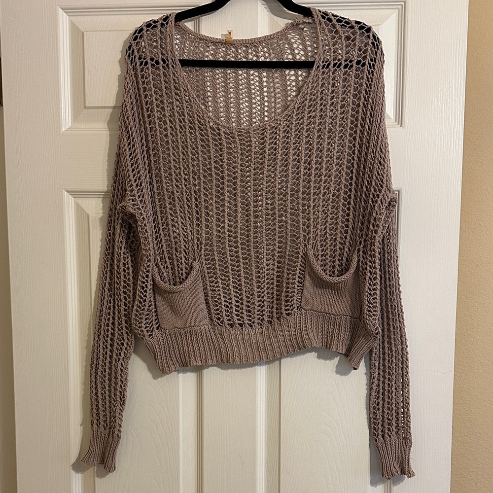 Beige Open Knit Drop Shoulder Sweater